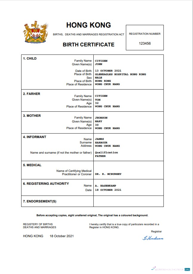 Download Hong Kong birth certificate Word and PDF template Photoshop template